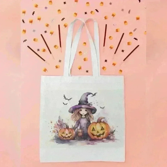 Little Witch Girl in Hat Halloween Canvas Tote Bag - Picture 2 of 2